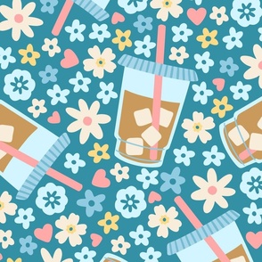 Iced Coffee with Hearts and Flowers on Teal (Extra Large Size)