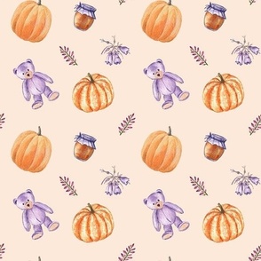 Pumpkins and lavender bear (on beige)