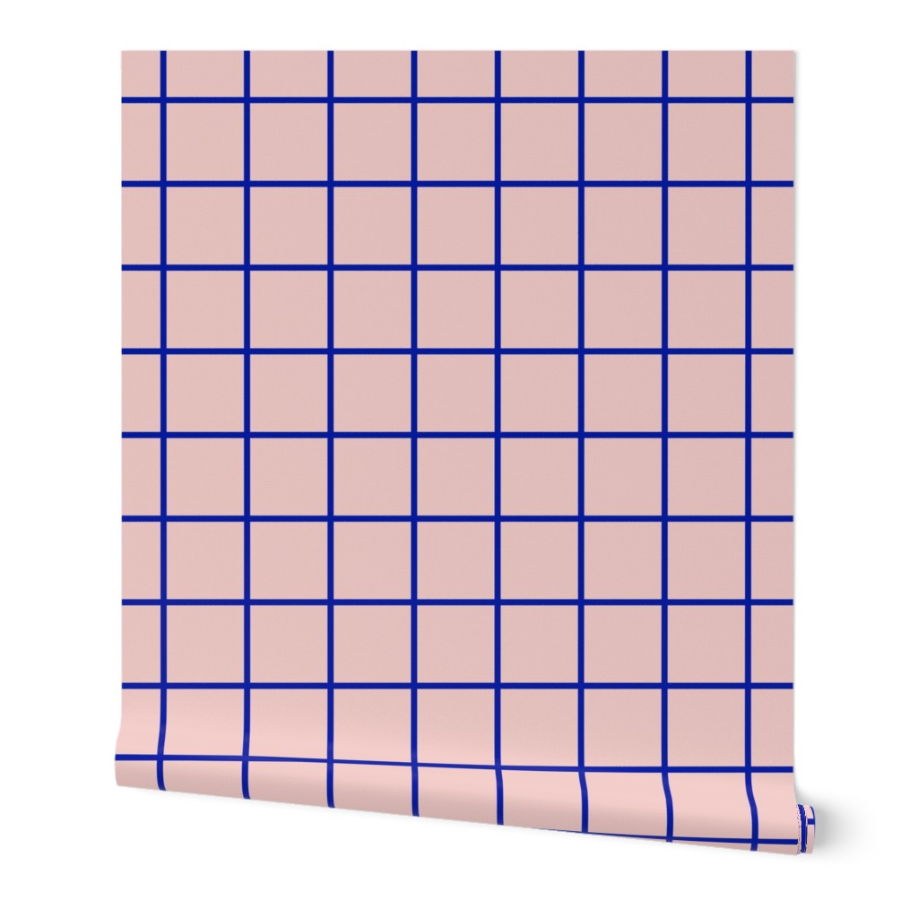 Blue grid on pink, colorful, bold, playful, happy