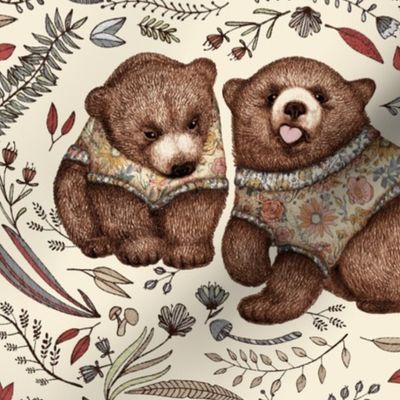 Whimsical Bear Pair with Fantasy Flora - neutral earth tones 