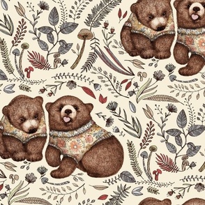 Whimsical Bear Pair with Fantasy Flora - neutral earth tones 