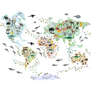 Cartoon animal world map for children and kids, back to school. Animals from all over the world white continents islands on of ocean and sea.  Size Fat Quarter (21x18)