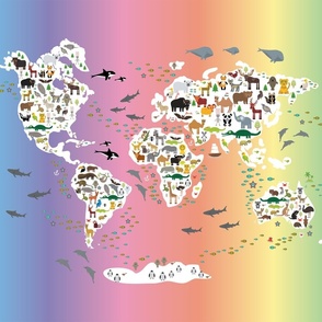 Rainbow Cartoon animal world map for children and kids, back to school. Animals from all over the world white continents islands on of ocean and sea. Scandinavian decor. Size Fat Quarter (21x18)