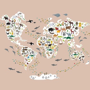 Cartoon animal world map for children and kids, back to school. Animals from all over the world Size Fat Quarter (21x18)