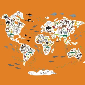  Cartoon animal world map for children and kids, back to school. Animals from all over the world white continents islands on of ocean and sea. Scandinavian decor. size yards (42 width)