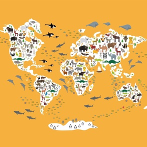  Cartoon animal world map for children and kids, back to school. Animals from all over the world white continents islands on of ocean and sea. Scandinavian decor.  Size yards (42 width) 