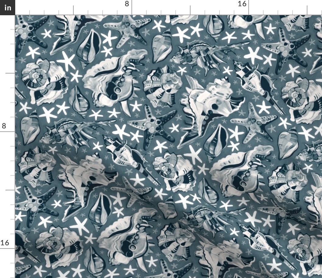 Fauvist-style Scattered Seashells in Monochrome Blue Grey - medium