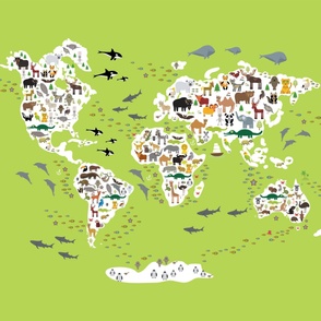  Cartoon animal world map for children and kids, back to school. Animals from all over the world white continents islands on of ocean and sea. Scandinavian decor.  Size yards (42 width) 