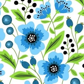 Colorful spring flowers blue on white