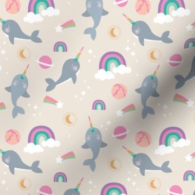 Narwhal rainbows and stars magic universe kids sparkle kawaii fish design gray pink girls on cream butter yellow 