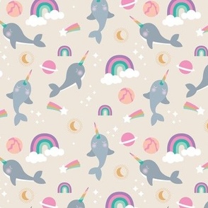 Narwhal rainbows and stars magic universe kids sparkle kawaii fish design gray pink girls on cream butter yellow 