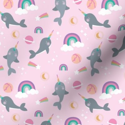 Narwhal rainbows and stars magic universe kids sparkle kawaii fish design grau blue pink orange girls 