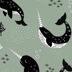 Narwhal scandinavian arctic waters deep ocean wildlife animals kids design with coral and cute fish friends moody mist green black JUMBO