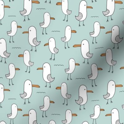 Little baby seagull shore ocean quirky kids summer design gray orange on soft mint blue SMALL