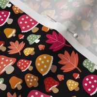Little fall garden toadstool and leaves sweet romantic fairy forest autumn design pink red orange on black