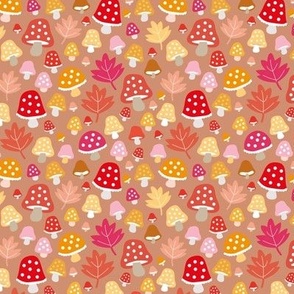 Little fall garden toadstool and leaves sweet romantic fairy forest autumn design pink orange on caramel