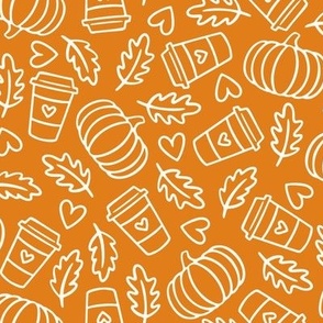 Coffee, Pumpkins, Hearts & Leaves: Cream Outlines on Orange