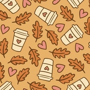 Coffee, Hearts & Leaves on Muted Orange