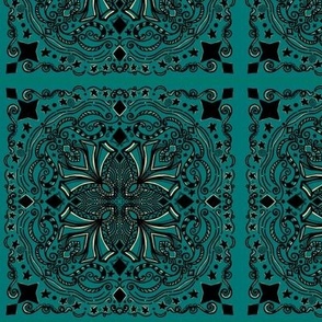 Square Star Mandala | Gold and Black on Green, 6-inch Quilt Block