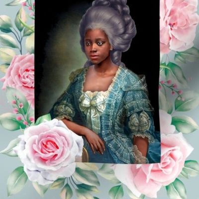 1 baroque roses young beautiful black woman lady african descent POC princess marie antoinette inspired blue lace gown pink bows people of color WOC flowers floral leaves leaf light mint green portrait Bouffant pouf rococo  elegant gothic lolita egl 18th 