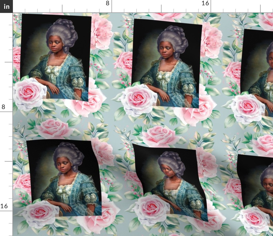 1 baroque roses young beautiful black woman lady african descent POC princess marie antoinette inspired blue lace gown pink bows people of color WOC flowers floral leaves leaf light mint green portrait Bouffant pouf rococo  elegant gothic lolita egl 18th 
