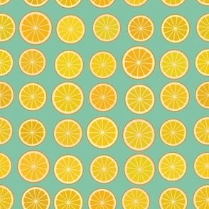 Orange slices, blue background, polka dot 