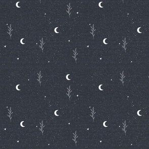 Night Sky Leaves and Moons - Navy