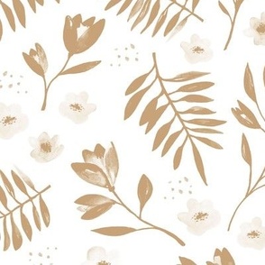 Lush watercolor monochrome flower garden tulips and anemones and palm leaves camel beige on white