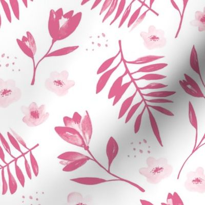 Lush watercolor monochrome flower garden tulips and anemones and palm leaves moody fuchsia pink on white