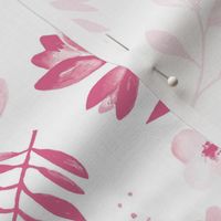 Lush watercolor monochrome flower garden tulips and anemones and palm leaves moody fuchsia pink on white