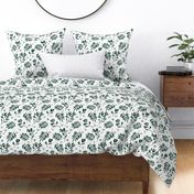 Lush watercolor monochrome flower garden tulips and anemones and palm leaves emerald forest green