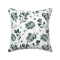 Lush watercolor monochrome flower garden tulips and anemones and palm leaves emerald forest green