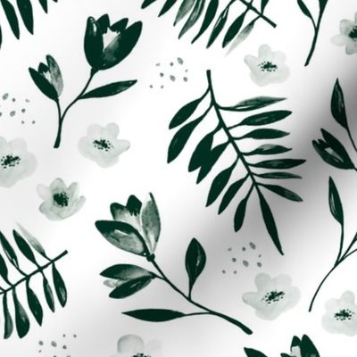 Lush watercolor monochrome flower garden tulips and anemones and palm leaves emerald forest green