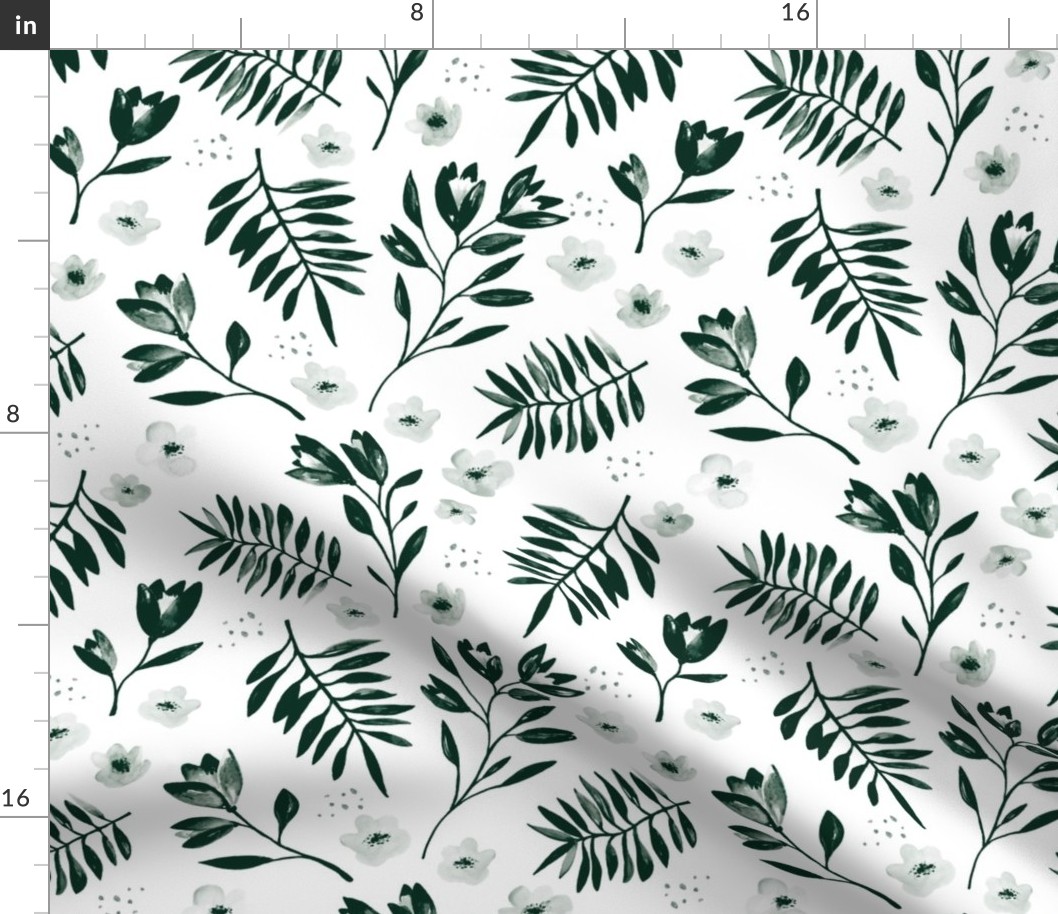 Lush watercolor monochrome flower garden tulips and anemones and palm leaves emerald forest green