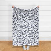 Lush watercolor monochrome flower garden tulips and anemones and palm leaves ink navy blue on white