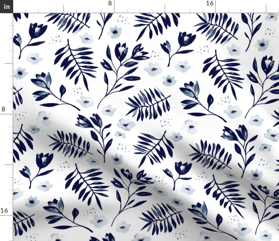Lush watercolor monochrome flower garden tulips and anemones and palm leaves ink navy blue on white