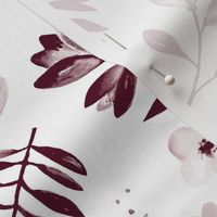 Lush watercolor monochrome flower garden tulips and anemones and palm leaves ink burgundy on white