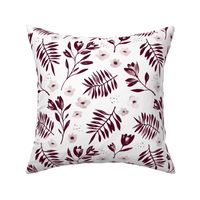 Lush watercolor monochrome flower garden tulips and anemones and palm leaves ink burgundy on white