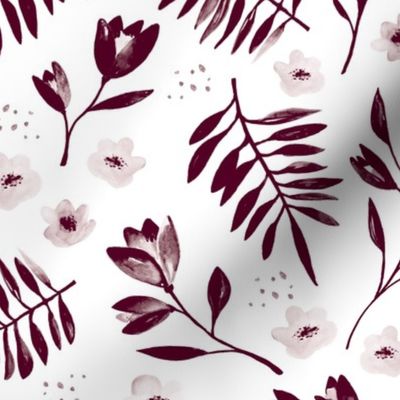 Lush watercolor monochrome flower garden tulips and anemones and palm leaves ink burgundy on white