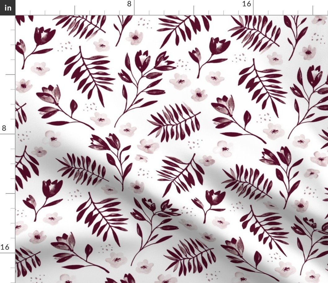 Lush watercolor monochrome flower garden tulips and anemones and palm leaves ink burgundy on white