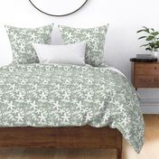 The minimal tropical leaves and flower blossom garden silhouettes summer design white on sage green