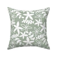 The minimal tropical leaves and flower blossom garden silhouettes summer design white on sage green