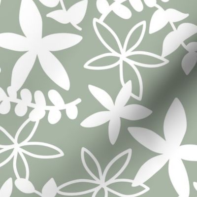 The minimal tropical leaves and flower blossom garden silhouettes summer design white on sage green