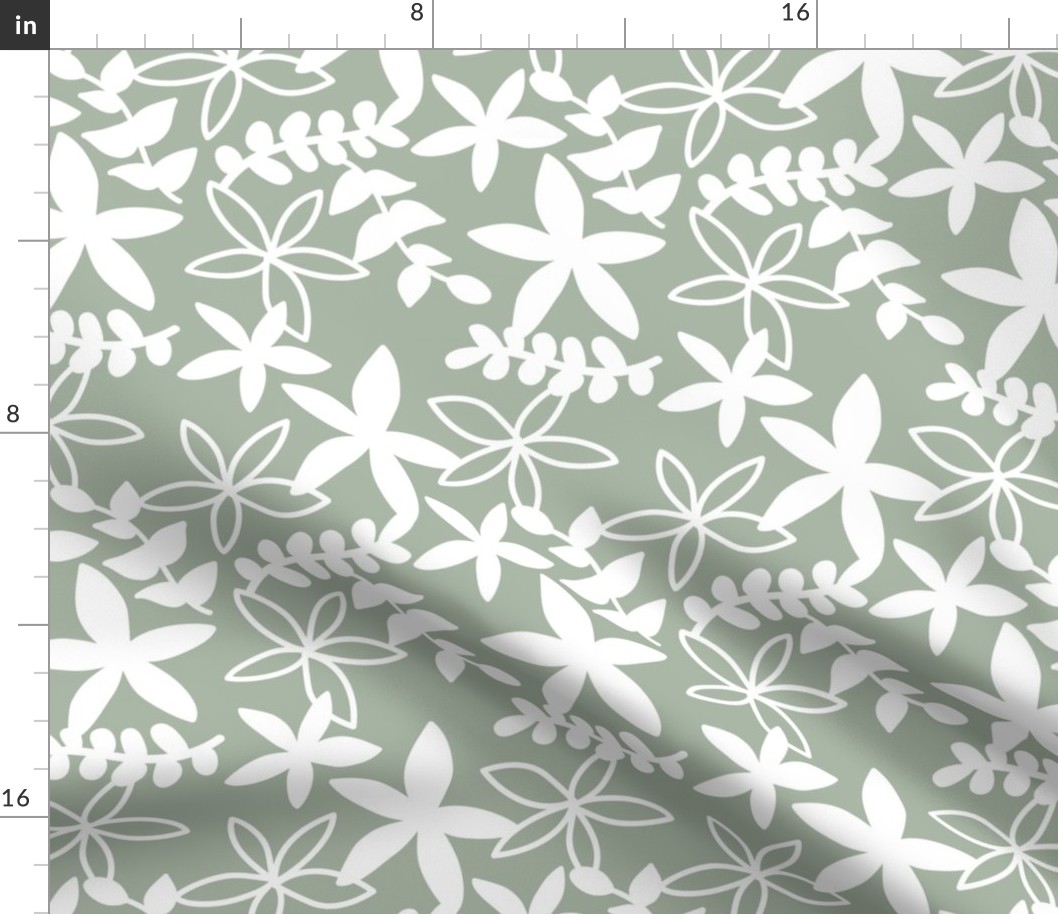 The minimal tropical leaves and flower blossom garden silhouettes summer design white on sage green