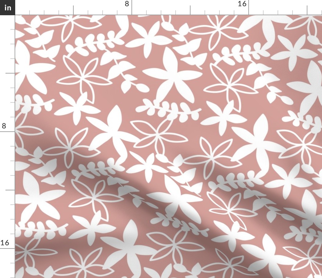 The minimal tropical leaves and flower blossom garden silhouettes summer design white on rose pink