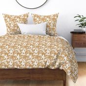 The minimal tropical leaves and flower blossom garden silhouettes summer design white on caramel ochre honey yellow