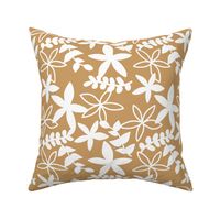 The minimal tropical leaves and flower blossom garden silhouettes summer design white on caramel ochre honey yellow