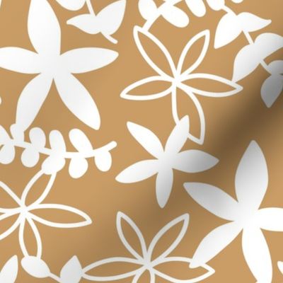 The minimal tropical leaves and flower blossom garden silhouettes summer design white on caramel ochre honey yellow