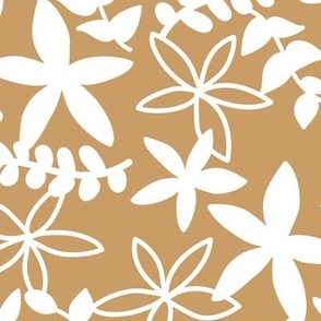 The minimal tropical leaves and flower blossom garden silhouettes summer design white on caramel ochre honey yellow