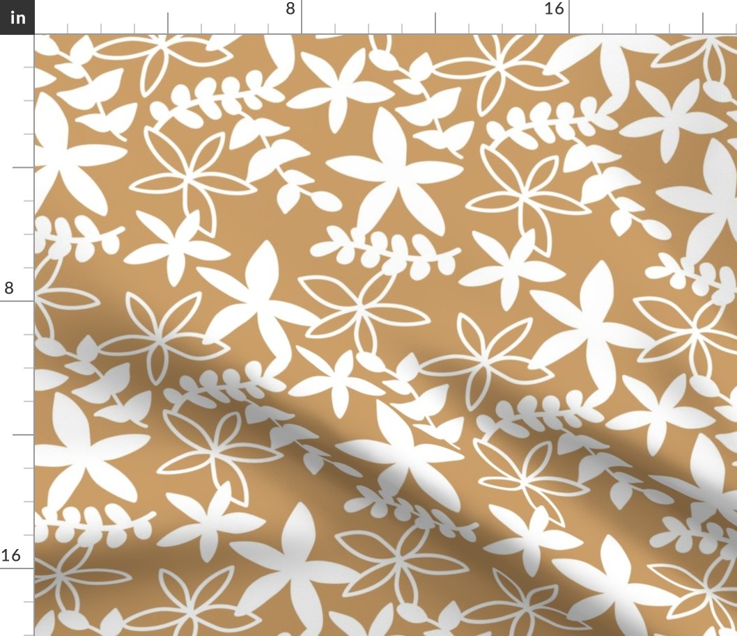 The minimal tropical leaves and flower blossom garden silhouettes summer design white on caramel ochre honey yellow